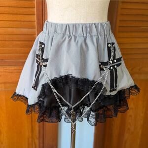 ACDC Rag Lolita EGL Goth Punk Emo Gray Black Zipper Cross Chain Lace Trim Skirt